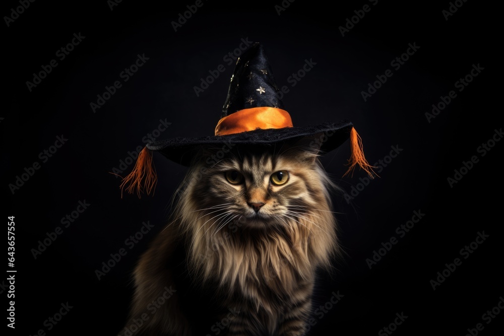 Fluffy cute red cat in black witch hat isolated on dark background. Main coon breed. Halloween autumn concept. Background with copy space	
