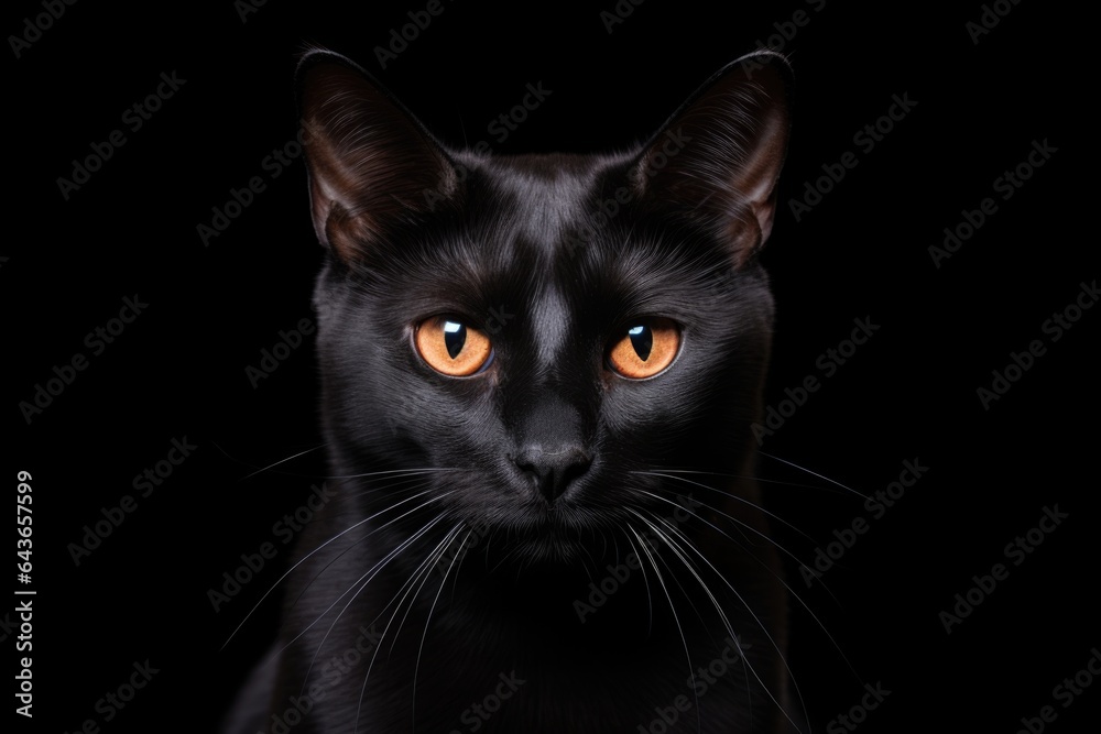 Fluffy cute black british cat with orange eyes isolated on dark background. Halloween concept. Cute domestic pet. Background with copy space