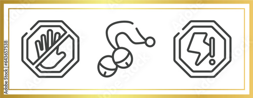 universal warning signals outline icons set. linear icons sheet included no push, sleigh bell, lightning warning vector.