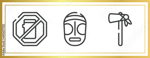 american indigenous outline icons set. linear icons sheet included no mobile phone, native american mask, native american tomahawk vector.