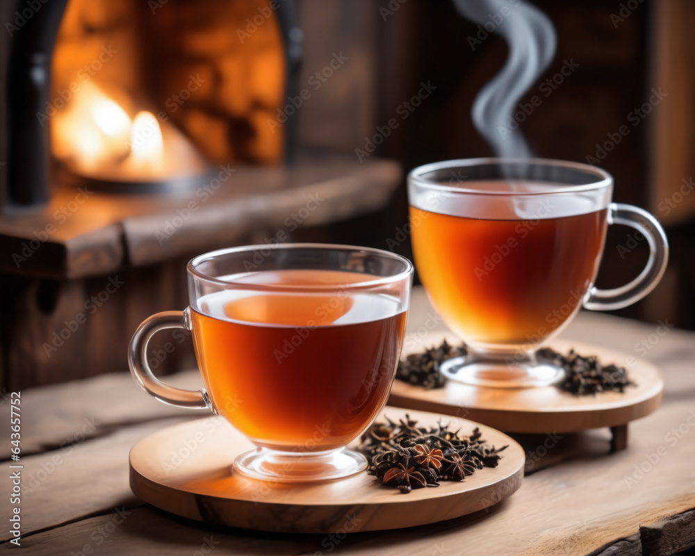 cup of tea on wooden table, created using AI generative technology