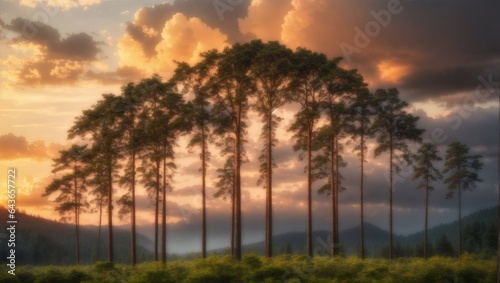 A tall tree in the forest during sunset