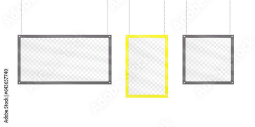 Hanging on chain sandwich acrylic board vector mock-up set. Blank ceiling plexi glass signboard banner mockup. Plexiglass sign, poster holder. Template for design