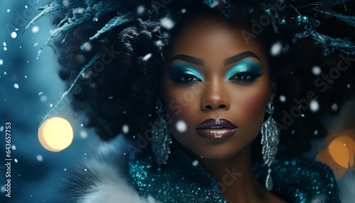 A fashionable and beautiful dark-skinned snow maiden girl, a woman princess in a New Year's outfit made of bijouterie and fur. Created with AI