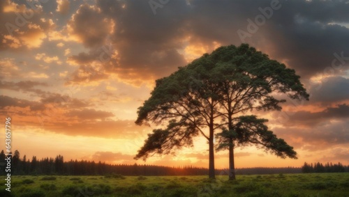 A tall tree in the forest with cloudy sky during sunset
