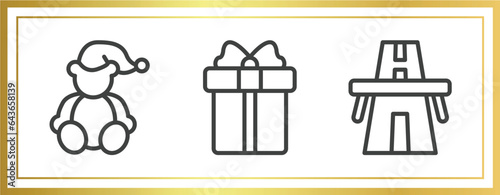 general outline icons set. linear icons sheet included teddy bear with sleep hat, gift box with ribbon, bridge on avenue perspective vector.