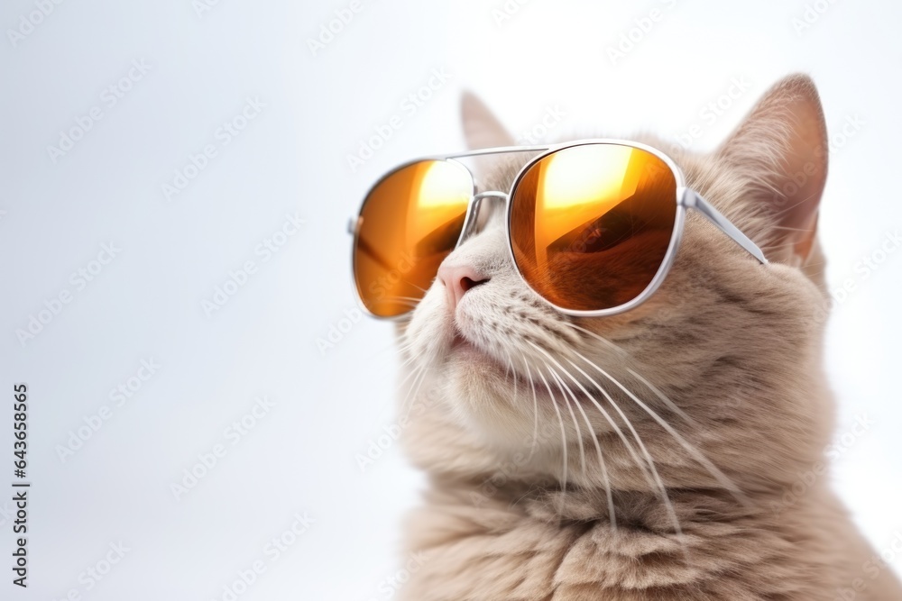 Closeup portrait of gray british furry cat in fashion sunglasses. Funny pet on clear white background. Kitten in eyeglass. Fashion, style, cool animal concept with copy space