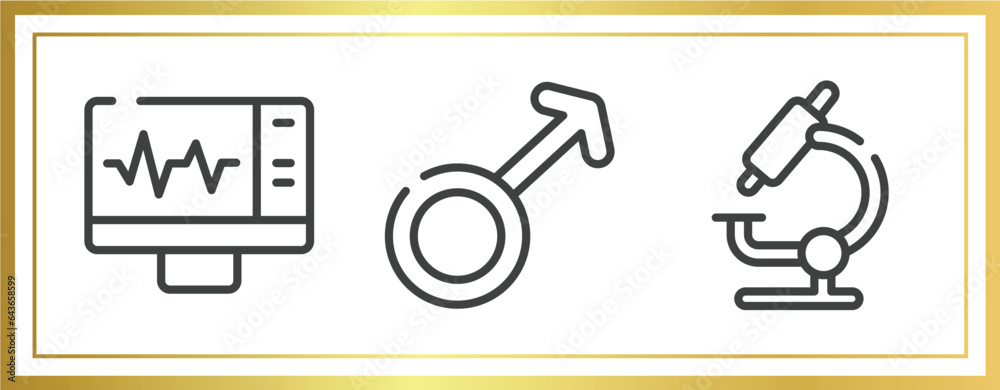 medical icons outline icons set. linear icons sheet included electrocardiogram on screen, female, microscope tool vector. medical icons outline icons set. linear icons sheet included electrocardiogram on screen, female, microscope tool vector.
