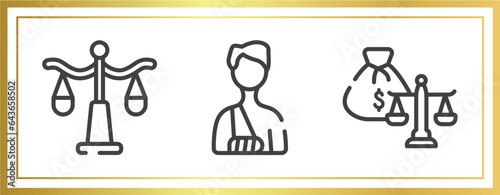 law and justice outline icons set. linear icons sheet included justice scale, accident and injuries, inheritance law vector.