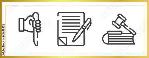 law and justice outline icons set. linear icons sheet included murder, wills and trusts, employment law vector.