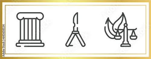 law and justice outline icons set. linear icons sheet included roman law, butterfly knife, environmental law vector.