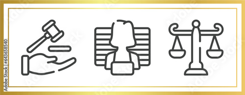 law and justice outline icons set. linear icons sheet included qualified protection, prisoner, adminstrative law vector.