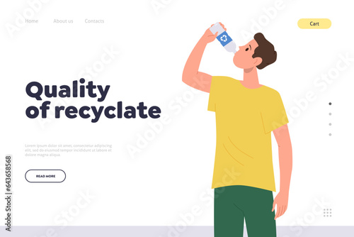 Quality of recyclate concept for landing page template with boy drinking water from recycled glass