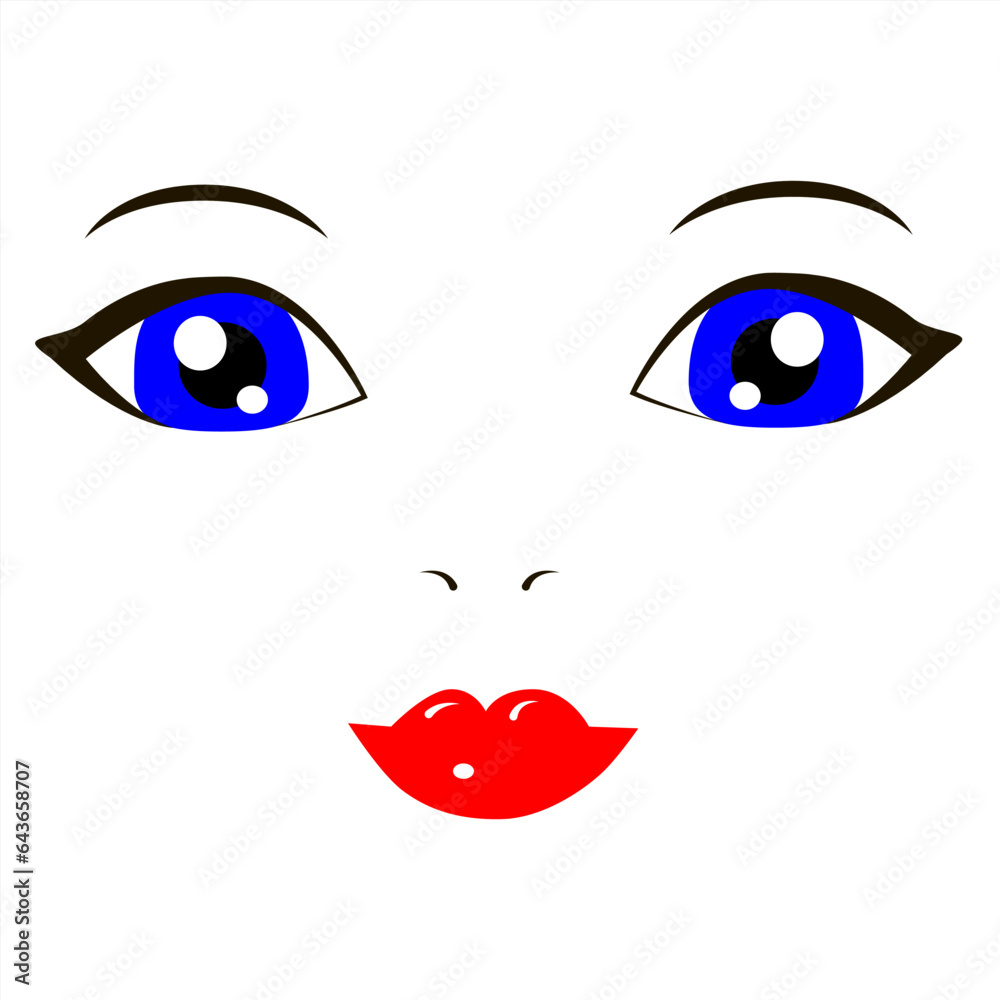 Vector illustration of doll face on white background. Simple concept elements for design. Blue eyes and red lips. Flat objects. Elements for card, wallpaper, banner, print. Vector illustration of doll face on white background. Simple concept elements for design. Blue eyes and red lips. Flat objects. Elements for card, wallpaper, banner, print.