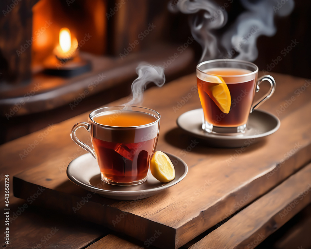 cup of tea on wooden table, created using AI generative technology cup of tea on wooden table, created using AI generative technology