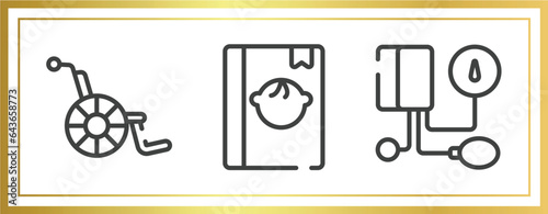 medicine outline icons set. linear icons sheet included handicap, baby book, tonometer vector.