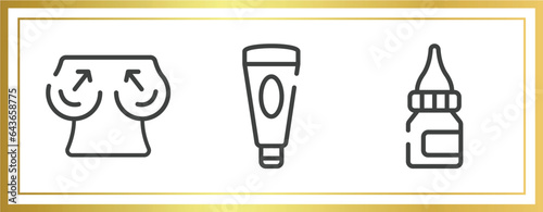 medicine outline icons set. linear icons sheet included boobs, facial foam, drop medicine vector.