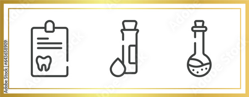 medicine outline icons set. linear icons sheet included dental record, test tube and drop, medicine liquid in a test tube glass vector.