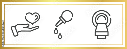 biochemistry and medicine outline icons set. linear icons sheet included medical care, pear enema, tomography vector.