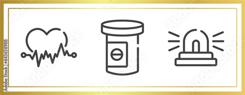 medical kit outline icons set. linear icons sheet included ecg, antidepressants, ambulance lights vector.