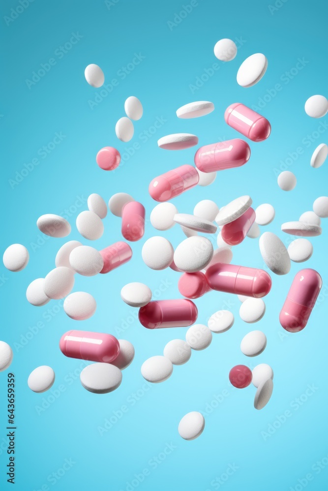 flying pill tablet capsule on blue background. levitation medicine.