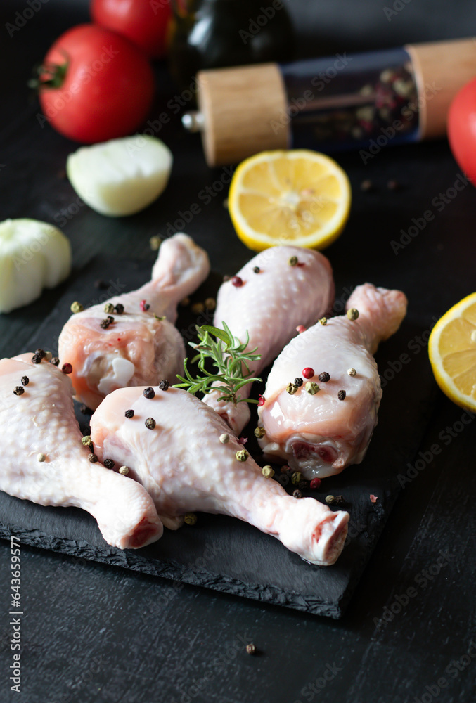 Raw chicken legs on slate plate. on wooden background. closeup Raw chicken legs on slate plate. on wooden background. closeup
