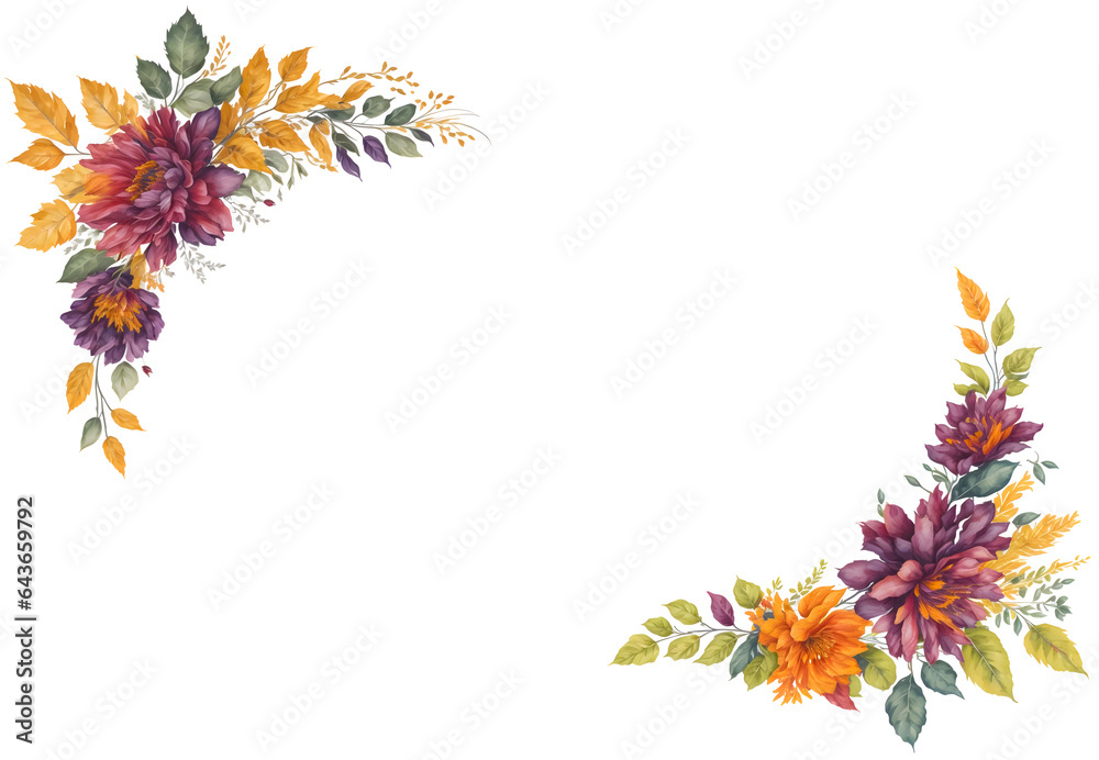 Watercolor rectangle frame with autumn maple leaves and twigs