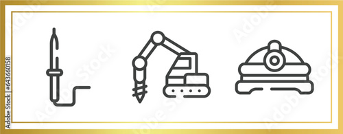 construction line craft outline icons set. linear icons sheet included solder, trucking, torch helmet vector.