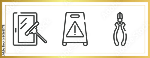 tools and hinery outline icons set. linear icons sheet included window cleaner, wet floor, nippers vector.