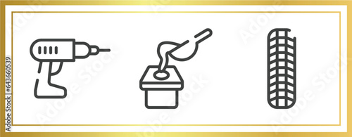 work tools outline icons set. linear icons sheet included hand drill, crucible, tiremarks vector.
