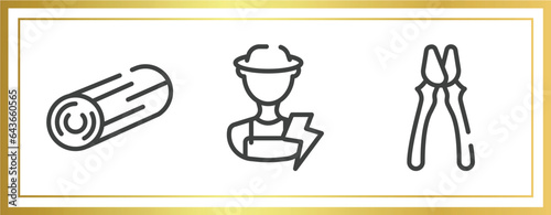 electrician tools outline icons set. linear icons sheet included woods, electrician, clamps vector.