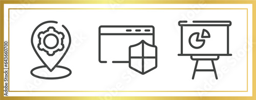 computer and media outline icons set. linear icons sheet included location tings, window with security badge, statistics presentation vector.