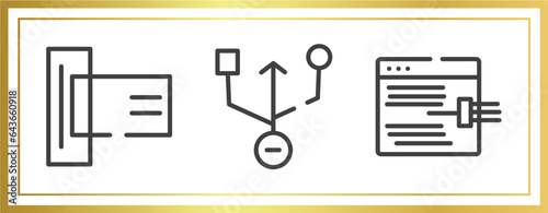 cyber crimes outline icons set. linear icons sheet included card reader, universal serial usb connector, code injection vector.
