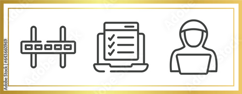 hacker outline icons set. linear icons sheet included wall bracket, online test, hack vector.