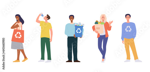 Isolated set of diverse people using eco-friendly zero waste products organic reusable items