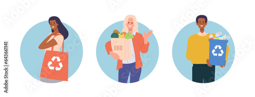 Isolated set of round icon composition with happy people choosing eco-friendly zero-waste items