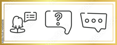 chatting outline icons set. linear icons sheet included female, question speech bubble, three dots ellipsis vector.