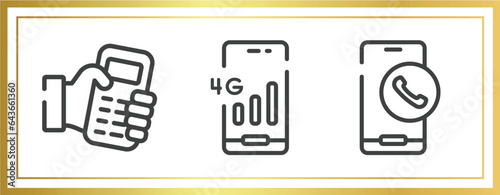 mobile phones outline icons set. linear icons sheet included hand holding a cellphone, 4g phone connection, call by mobile phone vector.