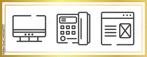 contact us outline icons set. linear icons sheet included computer monitor, office telephone, landing page vector.