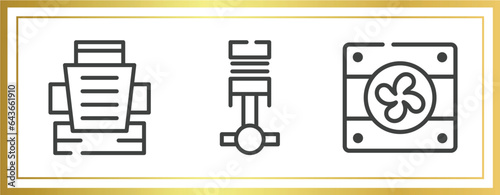 car parts outline icons set. linear icons sheet included car bucket seat, car piston, fan vector.