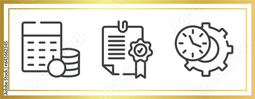 business outline icons set. linear icons sheet included budgeting, confirmation, time management vector.