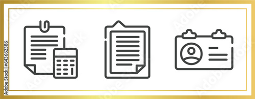 office outline icons set. linear icons sheet included estimate, explanation, identification card vector.