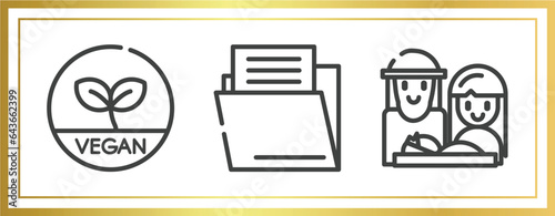 linear monuments outline icons set. linear icons sheet included vegetarian, file folder, holy family vector.