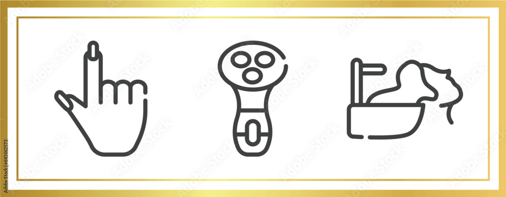 hair salon pictograms outline icons set. linear icons sheet included finger with nail, electric shaver for women, hair washing vector. hair salon pictograms outline icons set. linear icons sheet included finger with nail, electric shaver for women, hair washing vector.