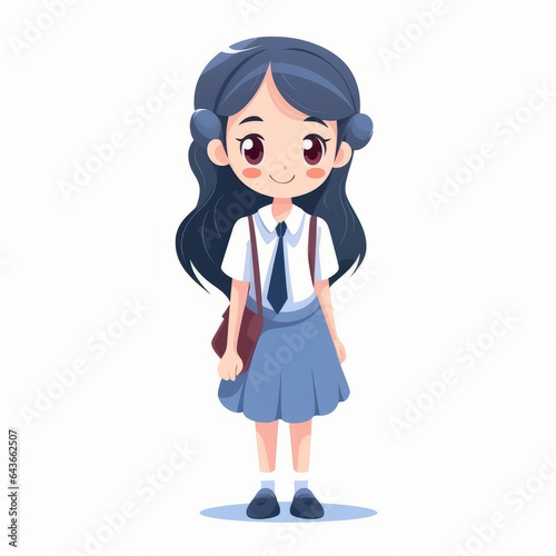 Cute thai student girl on white background, Flat cartoon vector illustration