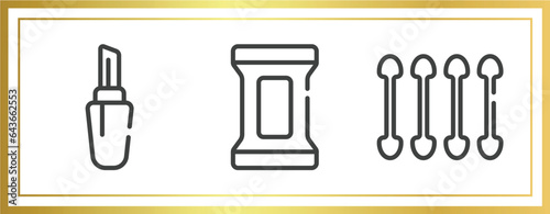 pretty outline icons set. linear icons sheet included lipstick with cover, makeup remover wipes, cotton swabs vector.