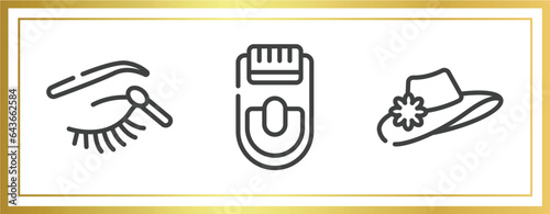 beautiful outline icons set. linear icons sheet included eye shadow makeup, epilador, vintage woman hat vector.