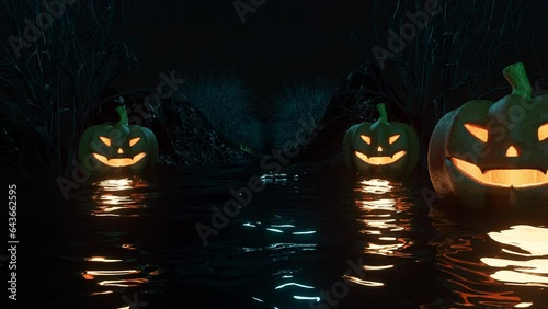 A Mystical Scene With Creepy Pumpkins Intently Watching The Passing By Them. Horror Atmosphere Without People. Scary Halloween Style. Modern 4K Resolution. Concept Loop Video. Seamless 3D Animation