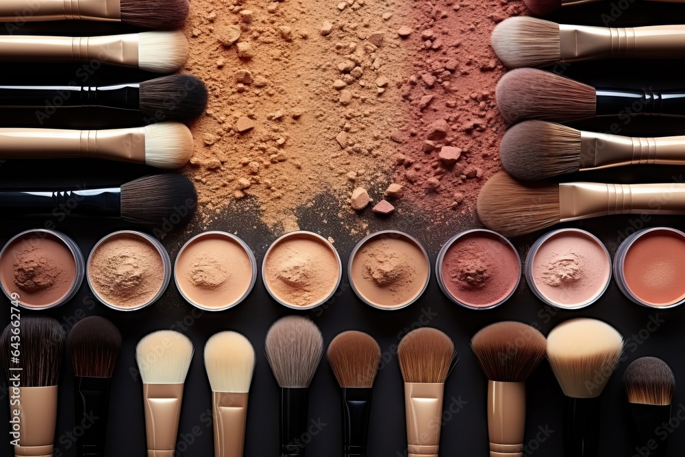 Flat lay composition with various of makeup face powders and brushes on black background. Cosmetic set of various shades of face bronzer or blusher and compact powder brown nude smudge. Beauty concept - obrazy, fototapety, plakaty 