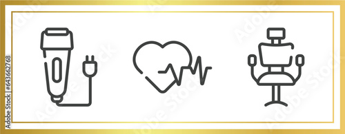 hairdressing and esthetics outline icons set. linear icons sheet included electric razor, hearts, hairdresser chair vector.